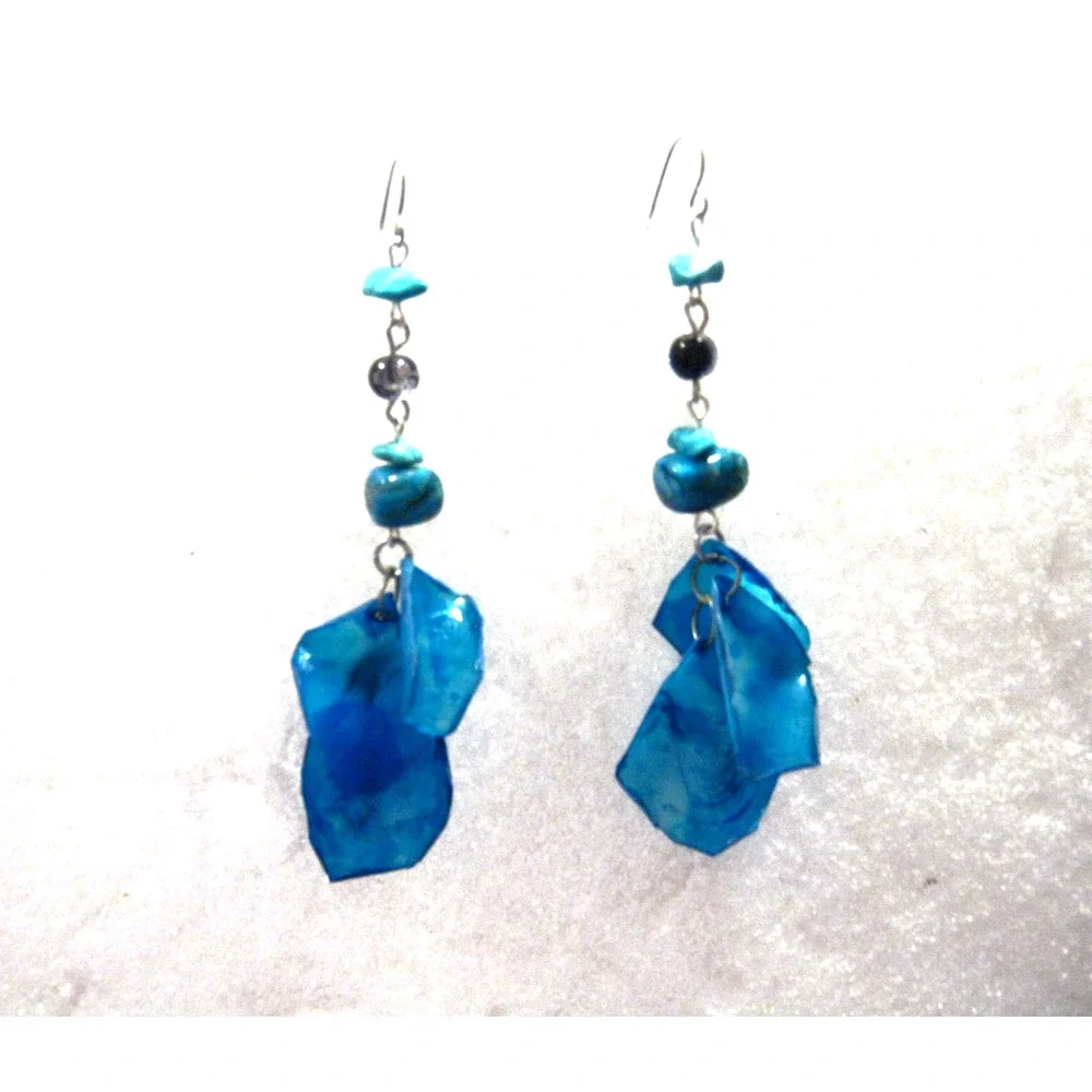 Genuine Turquoise Gemstone Blue Feather style Acrylic Long Drop Earrings 3 inch
